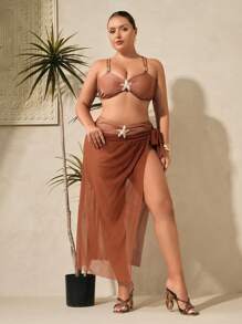 Swim Oasis 3pcs Plus Size Women Metal Decor Tankini Swimsuit Set With Sarong Pareo Coverup, Casual Beach Outfit, Summer - Brown - View 7