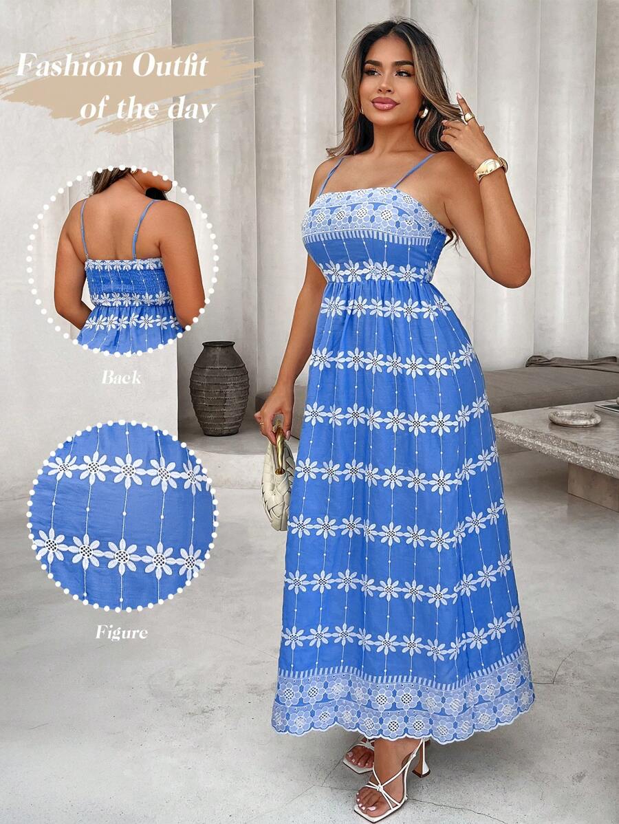 SHEIN LUNE Vestido largo casual de verano sin mangas bordado para mujer, para vacaciones de verano - Celeste - Ver 1