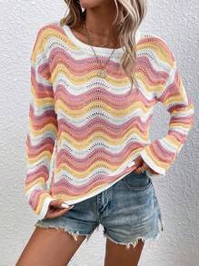 SHEIN LUNE Contrast Stripe Print Round Neck Casual Long Sleeve Sweater Pullover Knit Pullover Fall Winter