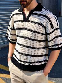 Manfinity Homme Men's Knitted Short Sleeve Top, Fashionable For Summer Men Vacation Men Knit Tops Knit Top Men Men Knitted Top Knit Men S Shirt Knitted Shirts For Men - Black and White - View 2