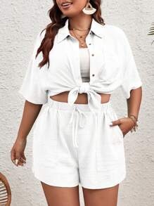 SHEIN VCAY 2pcs/Set Plus Size Women Solid Color Short Sleeve Single-Breasted Shirt And Shorts,Summer Outfits For Women - White - View 3