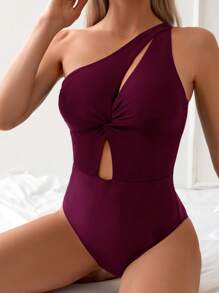Swim Basics 女士纯色镂空扭纹前开襟连体泳衣，适合夏季海滩度假 - 酒紅色 - 查看 3