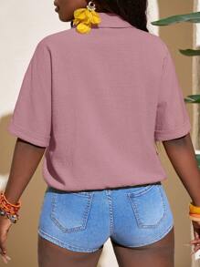 Slaydiva Nuova camicia casual a maniche corte in materiale arancione con texture, per primavera ed estate