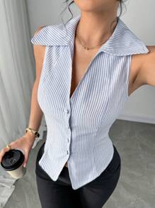 Firerie Women's Summer Elegant Romantic Fashion Commuter Sexy Elegant Style Office Women's Business Commuter Blue And White Striped Sleeveless Slim Top, Beach Beach Vacation Women's, Graduation Season Women's, Romantic Dating, Birthday, Easter Women's, Brazilian Carnival, Music Festivals, Spring And Summer Women's, Wedding Season, Brunch Women's - Blue and White - View 5