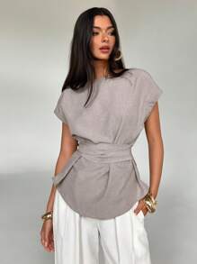 Aloruh Linen-Like Batwing Sleeve Casual Top, Summer,Graduation,Teacher Outfits For Women,Back To School - Khaki - View 3