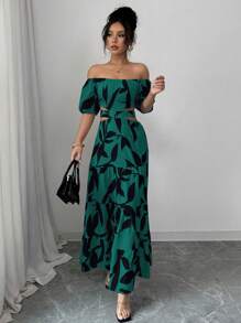 Elenzga Women's Off Shoulder Strappy Hollow Vacation Dress (Random Floral Print) - Green - View 4
