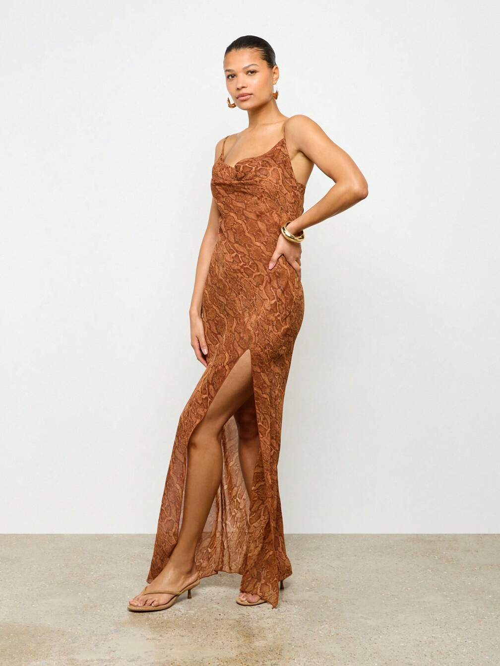 sheer snake print dress AFRM drape back mesh maxi dress in brown snake print