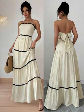 Rafferiza 女士休闲度假露肩荷叶边拼接系带连衣裙