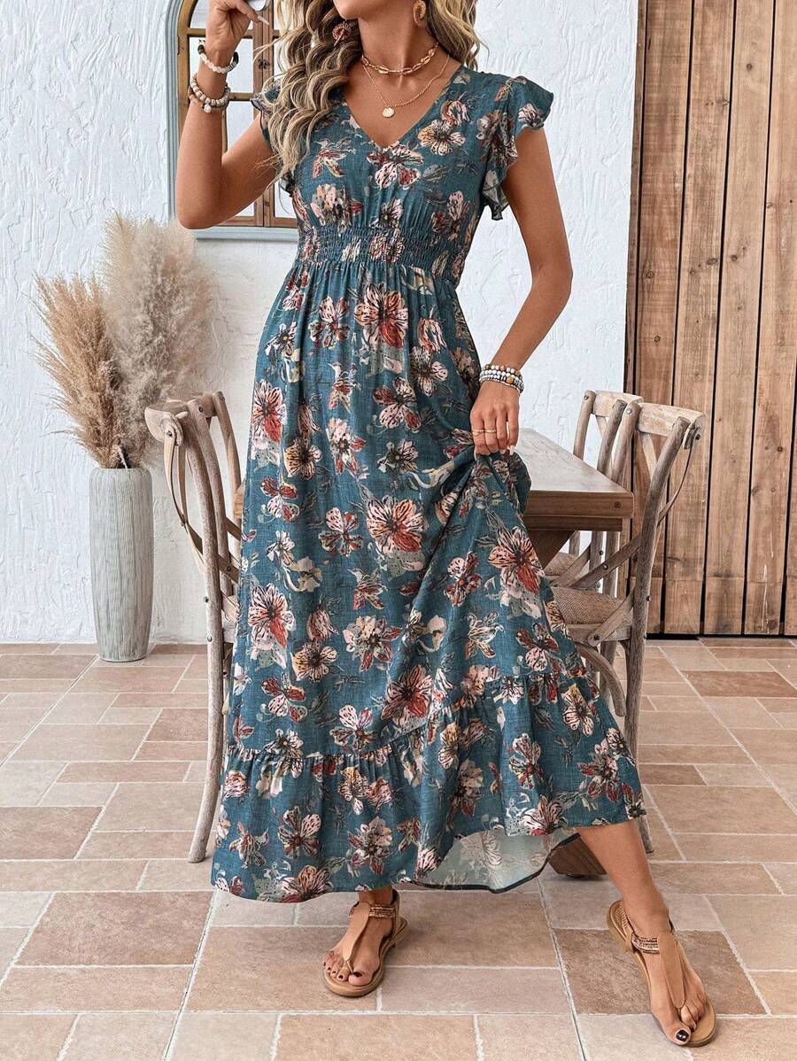 SHEIN LUNE Plus Size Paisley Print Long Vacation Casual Dress Boho Summer Boho Old Money Summer Outfits For Women Spring Break Rave Outfits Festival Spring Break Outfits Mother's Day Church Outfits Women,Flowy Dress,Sun Dresses For Women - Teal Blue - View 1
