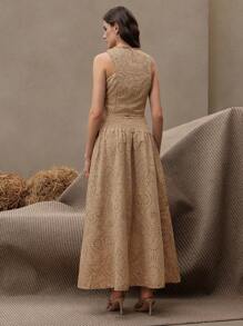 Anewsta 女士优雅刺绣无袖上衣和 A 字裙两件套，适合度假、春夏季、节日、毕业典礼 - 卡其色 - 查看 4