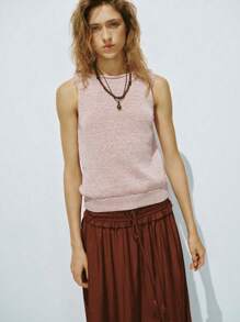 Lumivelle Ribbed Trim Sleeveless Crew Neck Simple Knit Top - Apricot - View 1