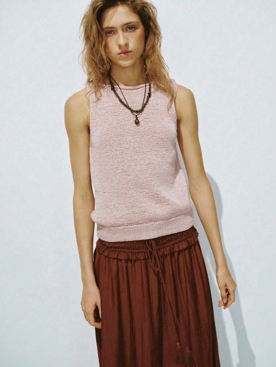 Lumivelle Ribbed Trim Sleeveless Crew Neck Simple Knit Top - Apricot - View 1