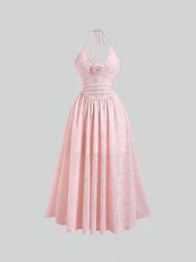 Flirla Gaun Pink Model Halter dengan Pinggang Terikat, Nuansa Prancis yang Feminin dan Mewah - Berwarna merah muda - View 2