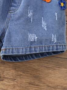 SHEIN 2pcs/Set Young Girl Casual Simple Comfortable Halter Neck Floral Applique Ruffle Trim Tank Top And Denim Shorts