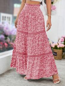 Breezaya Falda de encaje con contraste y estampado floral diminuto para vacaciones de mujer
