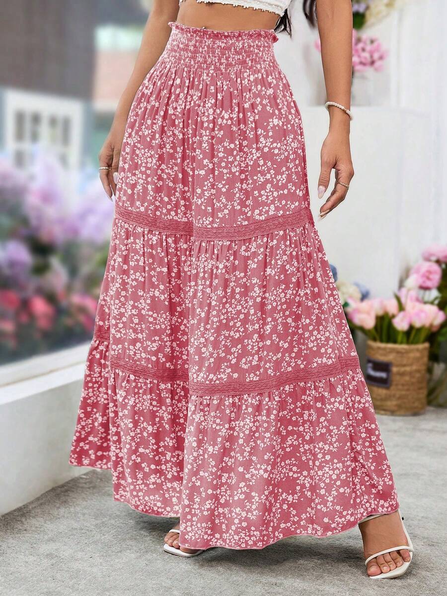 Breezaya Falda de encaje con contraste y estampado floral diminuto para vacaciones de mujer