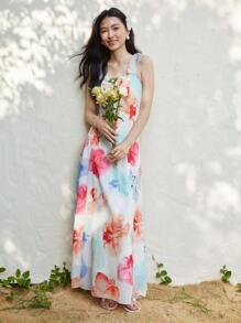 SHEIN LUNE 女士优雅荷叶边吊带背心花卉印花雪纺海滩度假长裙 - 彩色 - 查看 4