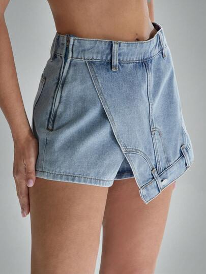 Denimoi 夏季休闲不对称裹身牛仔短裙