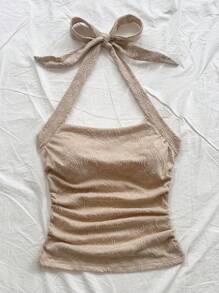 Soleia Women's Vacation Sea Star Print Halter Neck Pleated Backless Tank Top - Khaki - View 4