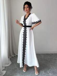Gloray Women's Spring/Summer V-Neck Patchwork Ruffle Flare Sleeve Cinched Waist Black & White Dress, Elegant For Outings - White - View 4