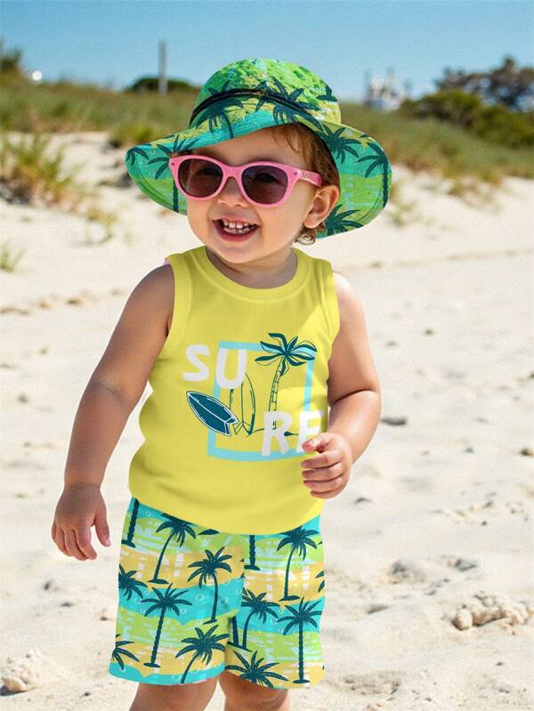 SHEIN Baby Boy Casual Simple Soft Comfortable Vacation Style Coconut Tree Graphic Print Sleeveless Top And Coconut Tree Printed Patchwork Shorts Set, Suitable For Spring And Summer