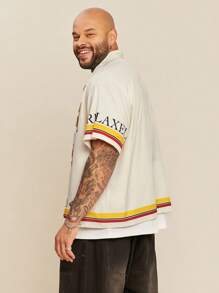 EASEVO Plus Size Men's Casual Woven Tropical Leaf & Letter Print Shirt, Suitable For Summer - Khaki - View 2