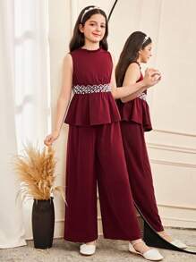 SHEIN Leap Crew Tween Girl Elegant Ruffle Collar Sleeveless Rhinestone Decorated Top And Pants 2Pc Set - Red - View 3