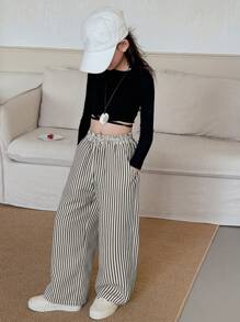 Dazy Kids Tween Girls Fall Striped Pattern Drawstring Pants Vacation - Grey - View 2