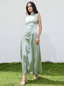 SHEIN Privé Elegant Dignified Knowledgeable Round Neck Minimalist Glossy Satin Hem Double-Layer Pleated Sleeveless Long Dress For Women - Green - View 6