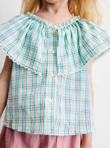 SHEIN 年轻女孩夏季格子领花边波西米亚风格衬衫 - 彩色 - 查看 5