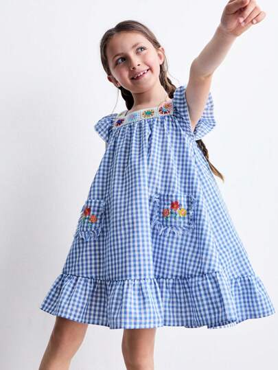 SHEIN Vestidos con mangas cortas de campana, con recorte de volantes, bordado floral y textura de ganchillo, estilo pastoral a cuadros, para niñas jóvenes