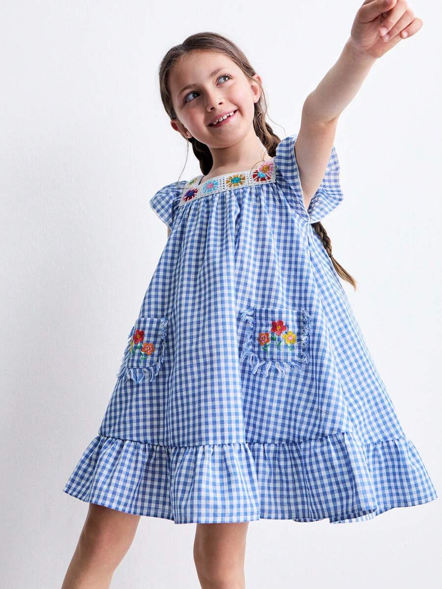 SHEIN Young Girls' Pastoral Plaid Crochet Embroidered Floral Ruffle Trim Cap Sleeve Dresses - Multicolor - View 1
