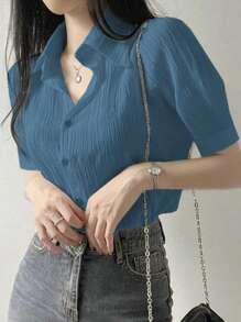 DAZY Women's Pleated Solid Color Lapel Loose Blouse, White, Spring/Summer/Autumn - Blue - View 3