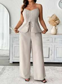 Flirla Plus Size Women 2pcs Set Woven Solid Color Camisole V-Neck Tie Up Crop Top With Elastic Waist Wide Leg Pants, High-End Elegant Romantic