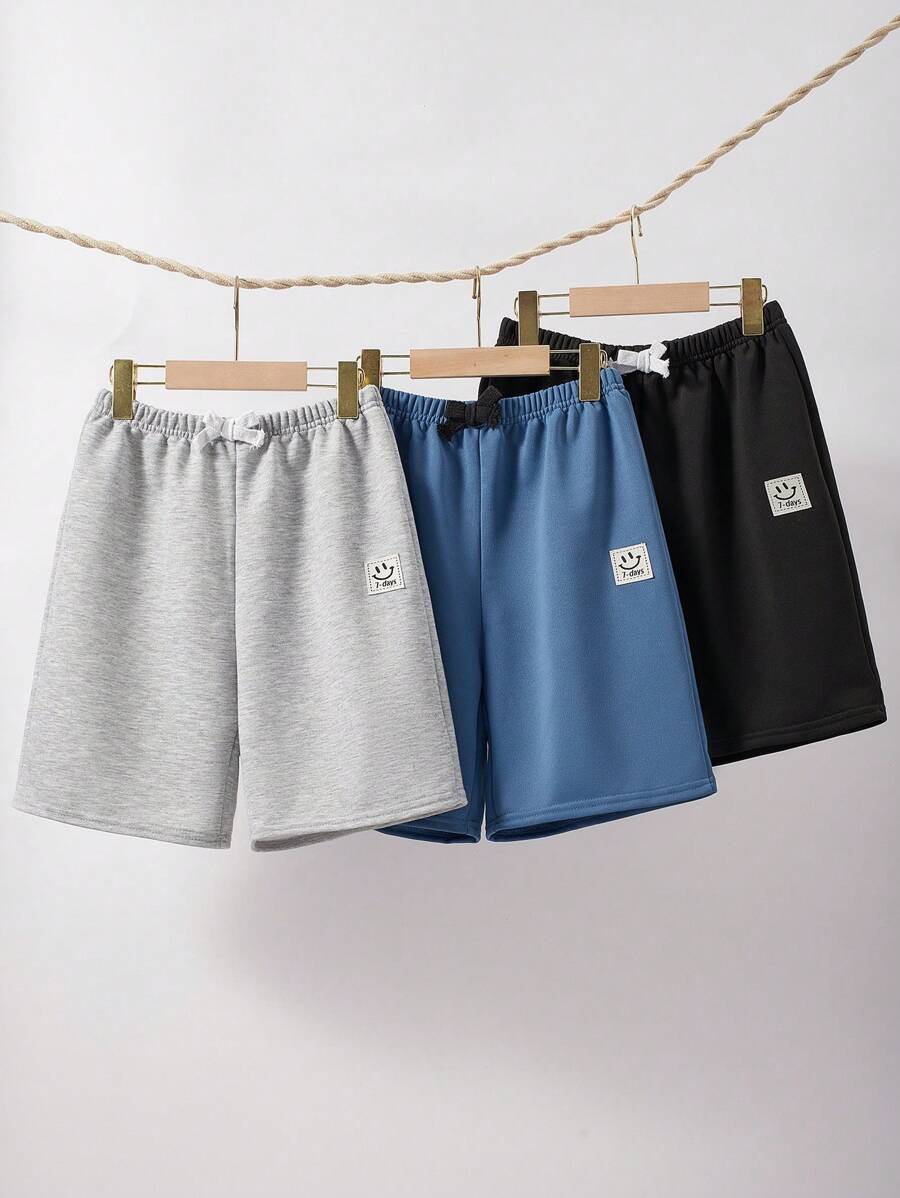 SHEIN 3pcs Tween Boys Casual Loose Knit Shorts Set, School, Campus, College - Dusty Blue - View 1