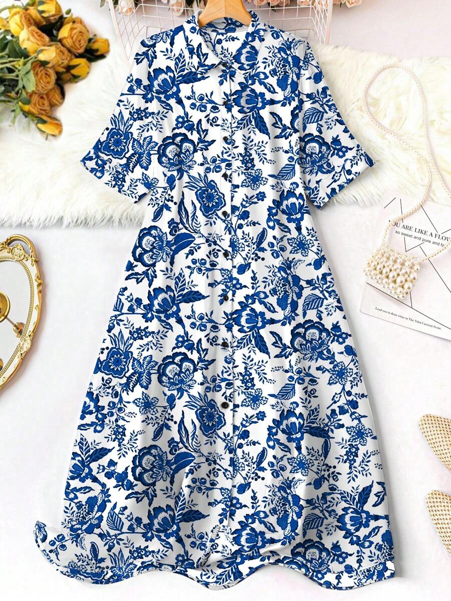 Franclia Colorful Loose Button Up Summer Short Sleeve Dress Maxi Women Outfit - Blue and White - View 1
