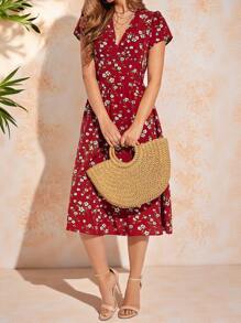 Amorya Floral Print Slant Pocket Dress Valentine's Day  Summer Outfit For Women  Floral Dress - Burgundy - View 4