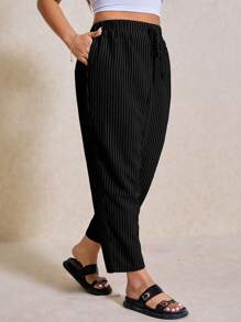 Elaquor Pantalones a rayas en blanco y negro de uso casual y sencillo, para uso diario en todas las estaciones, tallas grandes - Negro - Ver 4