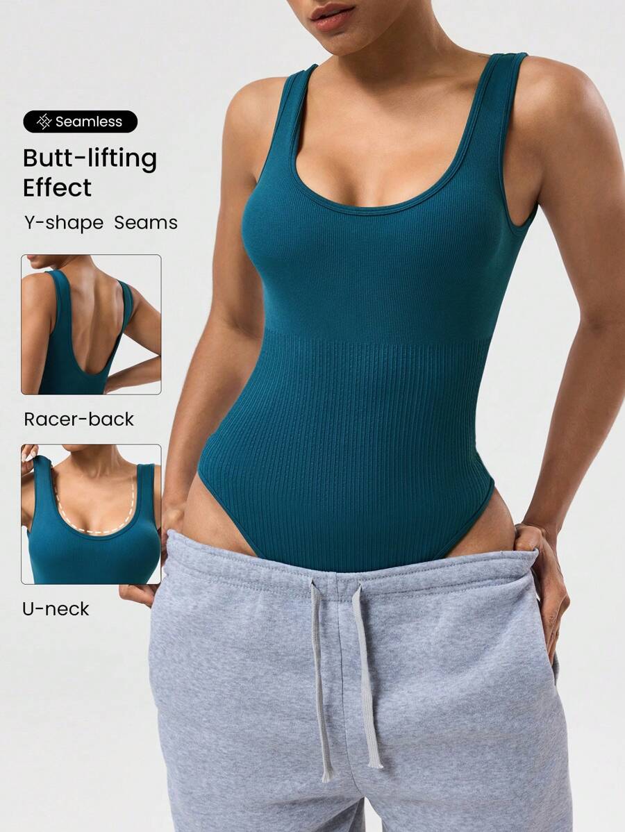 SHEIN Sports 无缝罗纹针织无袖运动连体裤