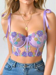 SHEIN 1 件女士刺绣钢圈性感内衣文胸，简约时尚，适合夏季性感内衣外穿 - 紫色 - 查看 4