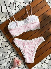 Swim Mod Bộ bikini viền ren trắng họa tiết hoa nhí ngọt ngào ngẫu nhiên dành cho nữ, phong cách nghỉ dưỡng bãi biển, mùa hè - Hồng - Xem 2