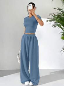 SHEIN EZwear 2件套夏日雾霾蓝紧身短袖T恤和宽松运动裤休闲套装 - 霧霾藍 - 查看 5