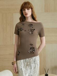 Arave Top tricoté à manches courtes, col asymétrique avec décor de paillettes, printemps/été - Camel - Voir 3
