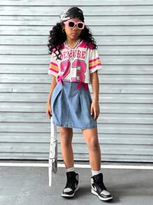 SHEIN Explorewe 2 件套女童夏季短袖短款上衣和牛仔迷你裙