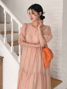 DAZY Women's Solid Color Chiffon Round Neck Lantern Short Sleeve Loose Pink Long Dress, Summer,Casual Women Dresses