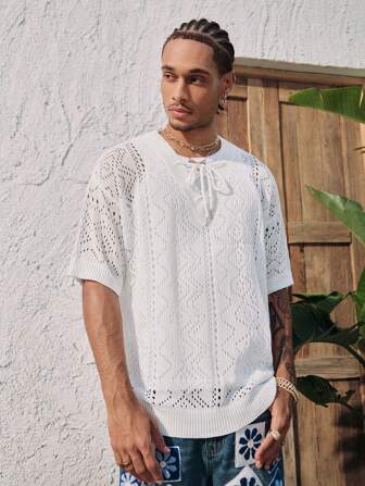 Street Life Jersey de punto jacquard semi-hueco con cuello en V y amarre para hombre, estilo vintage