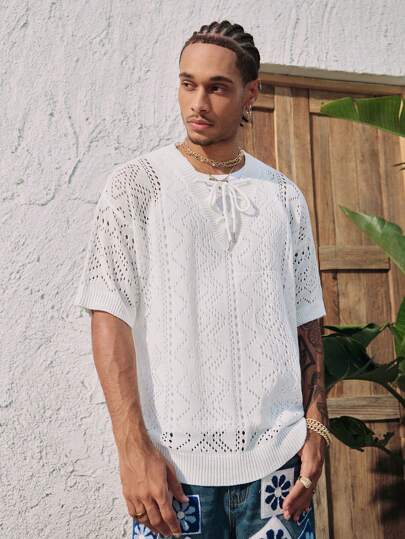 Street Life Men's V-Neck Tie-Up Jacquard Semi-Hollow Knit Sweater, Vintage Vacation