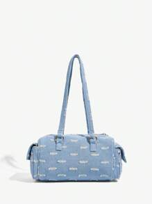 SHEIN ICON 女士单肩包、流浪包、时尚、个性、简约、百搭、街头风、甜美酷炫女孩、辣妹、千禧一代、复古、铆钉、复古、牛仔效果、多口袋设计、机车风、青少年 - 藍色 - 查看 5