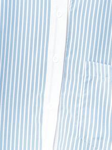 SHEIN LUNE 大码条纹印花撞色单排扣短袖衬衫 - 藍色 - 查看 4