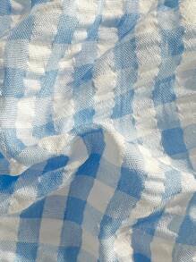 Swim Mod Women's Plaid Print Bandeau Bikini Top With 3D Floral Decor For Summer Beach Vacation - Blue - View 7